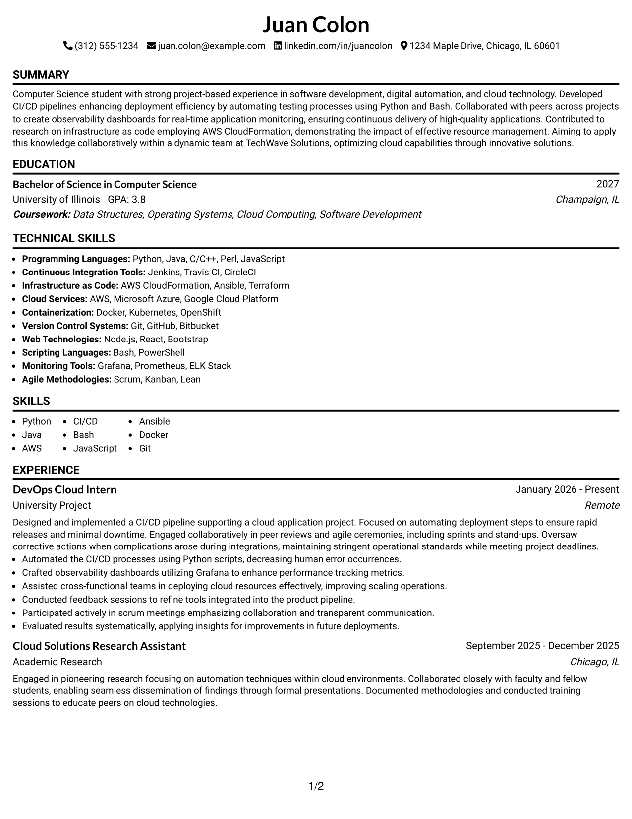 Resume Example Page 1