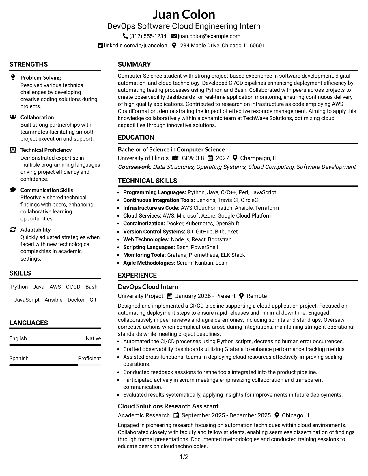 Resume Example Page 1
