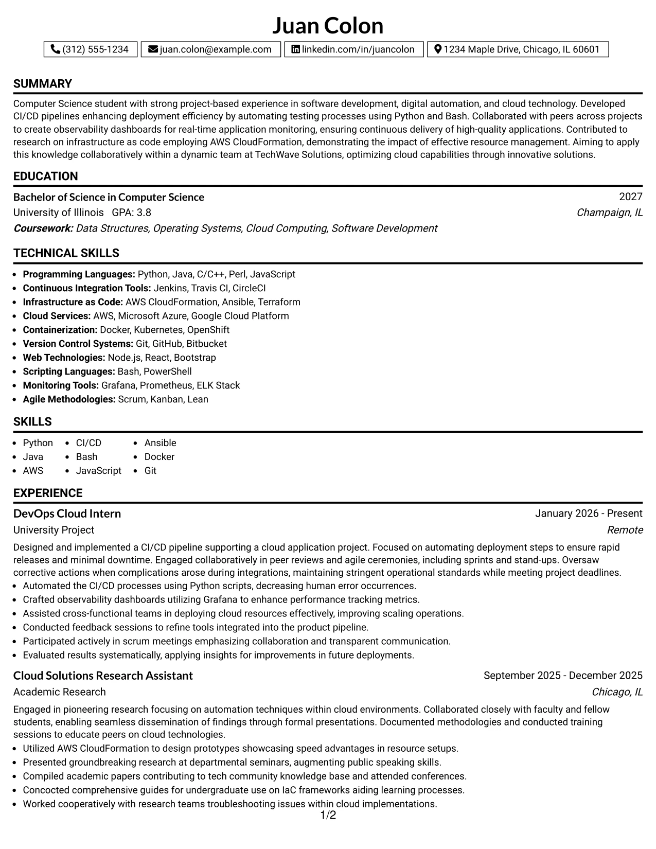 Resume Example Page 1