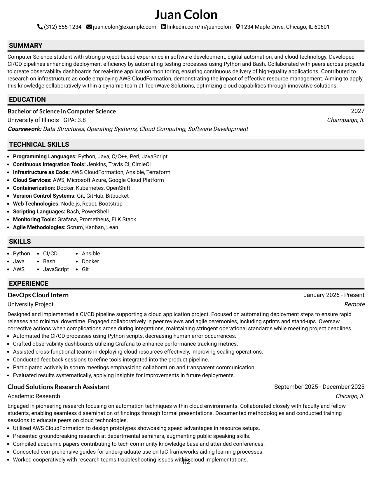 Resume Example Page 1