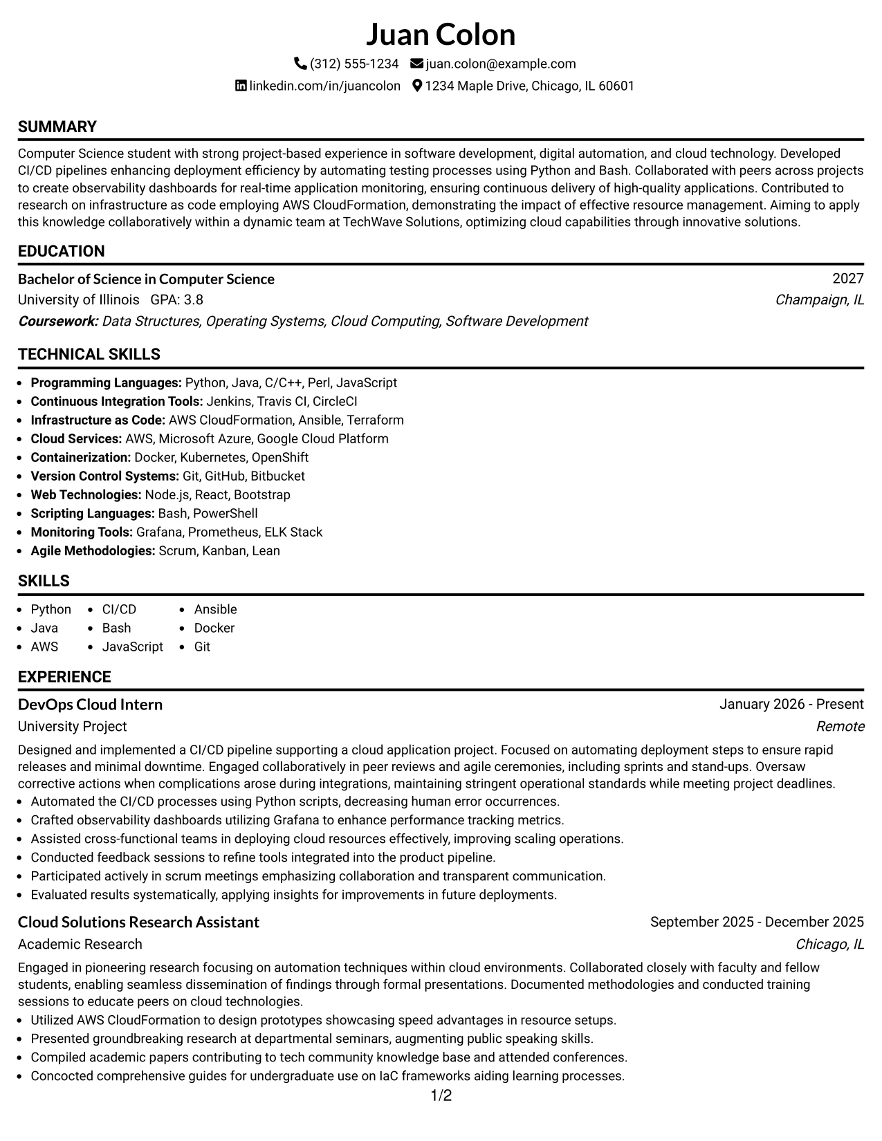 Resume Example Page 1