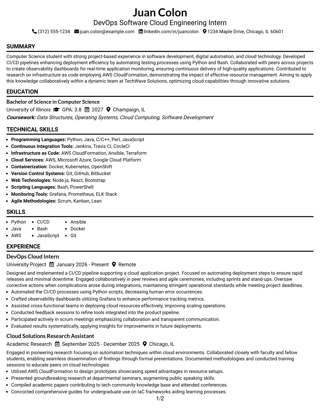 Resume Example Page 1