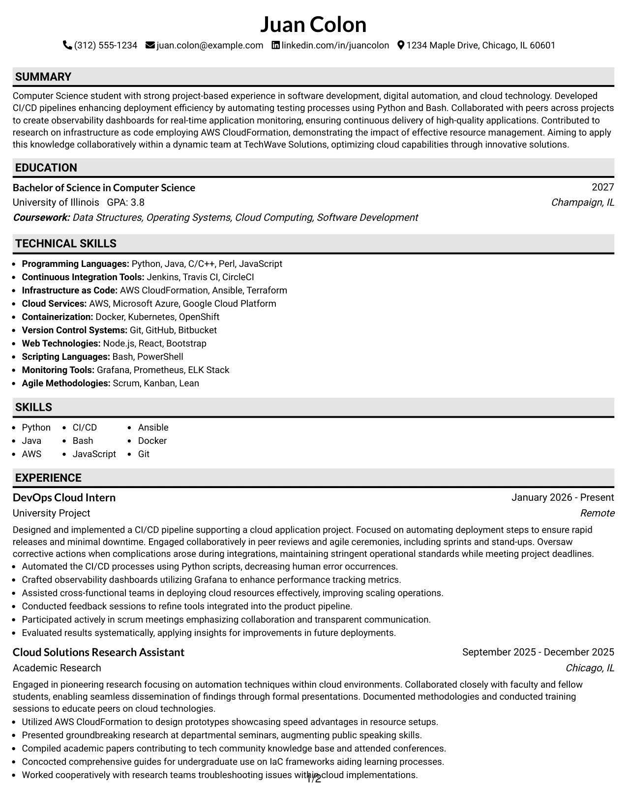 Resume Example Page 1