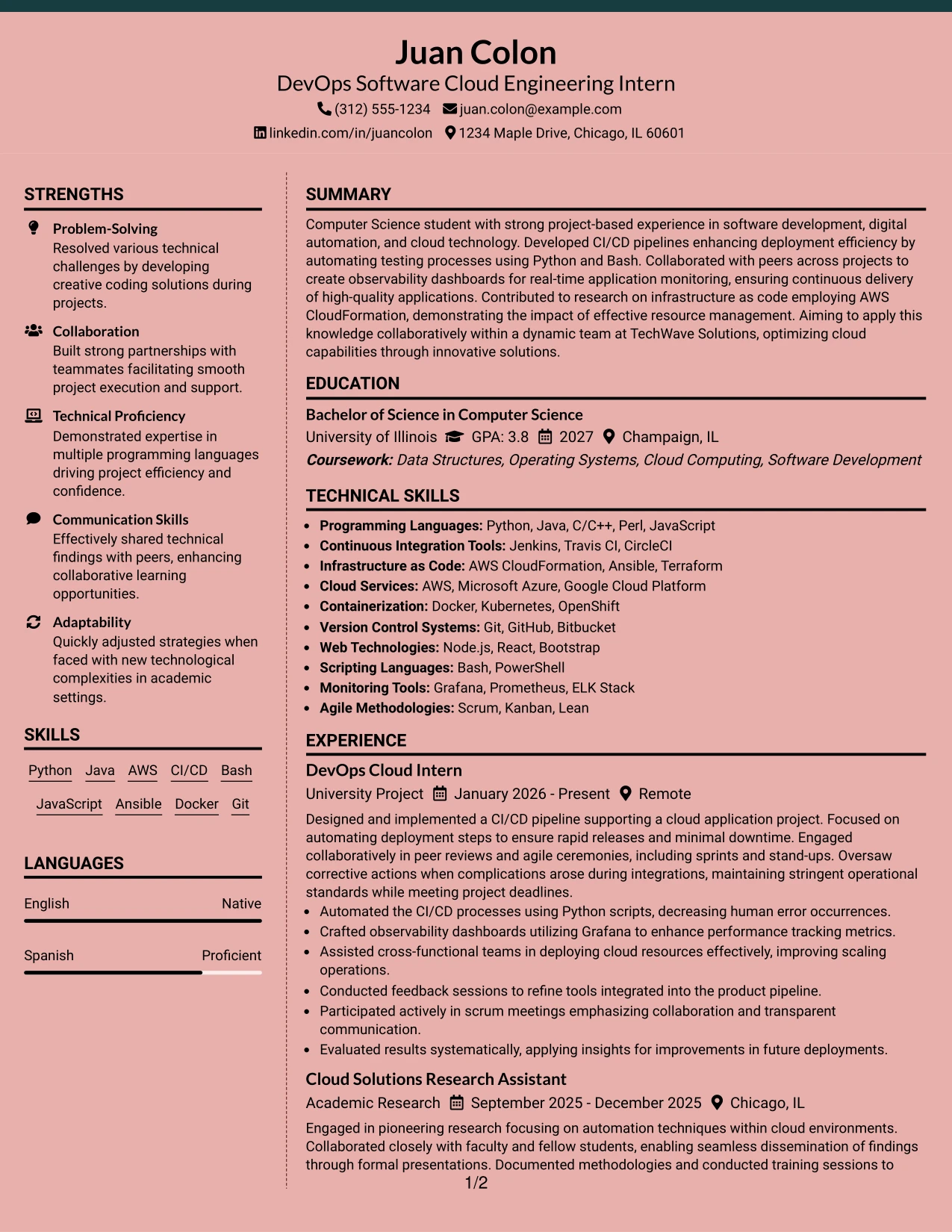 Resume Example Page 1