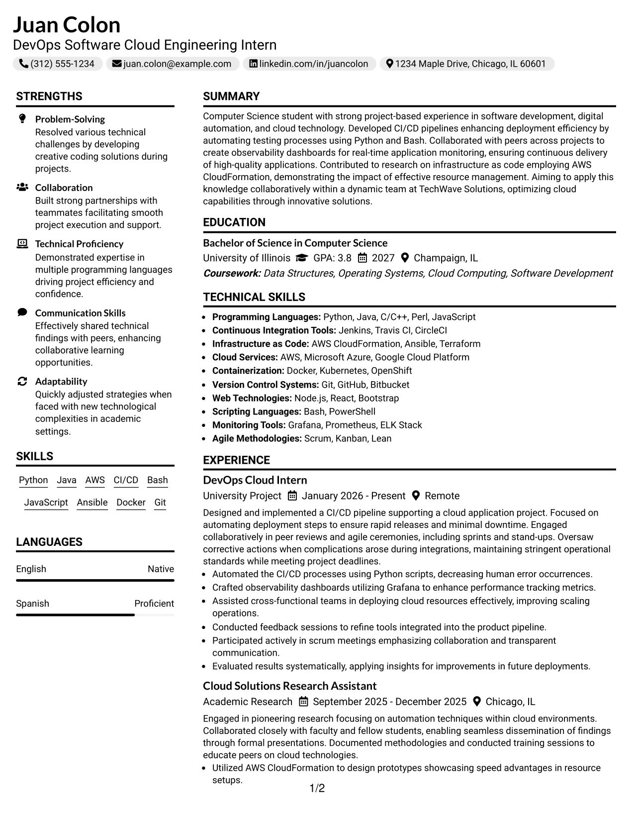 Resume Example Page 1