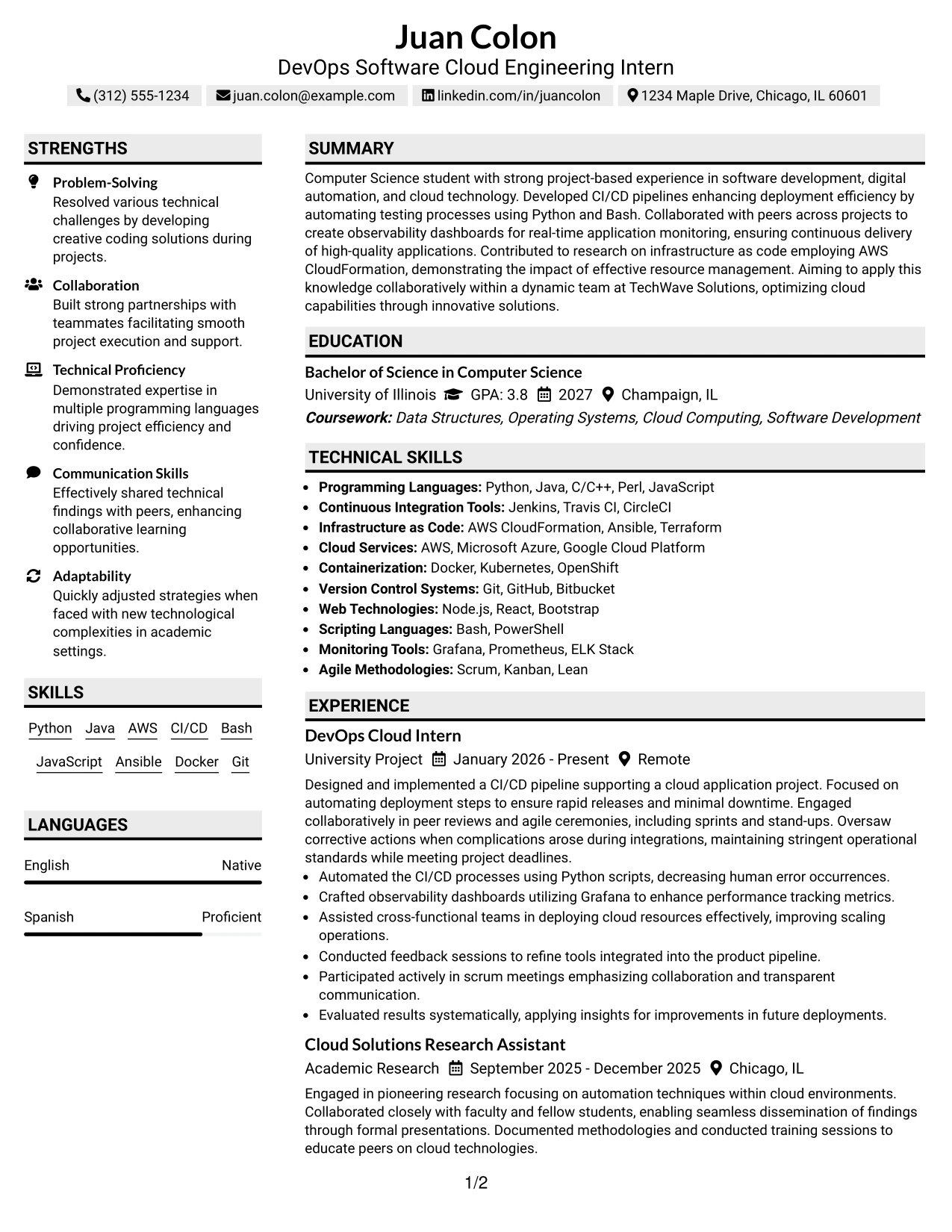 Resume Example Page 1