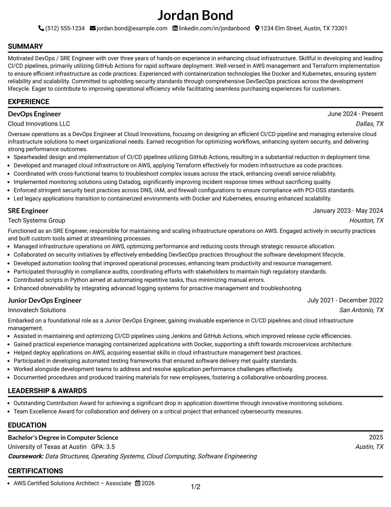 Resume Example Page 1