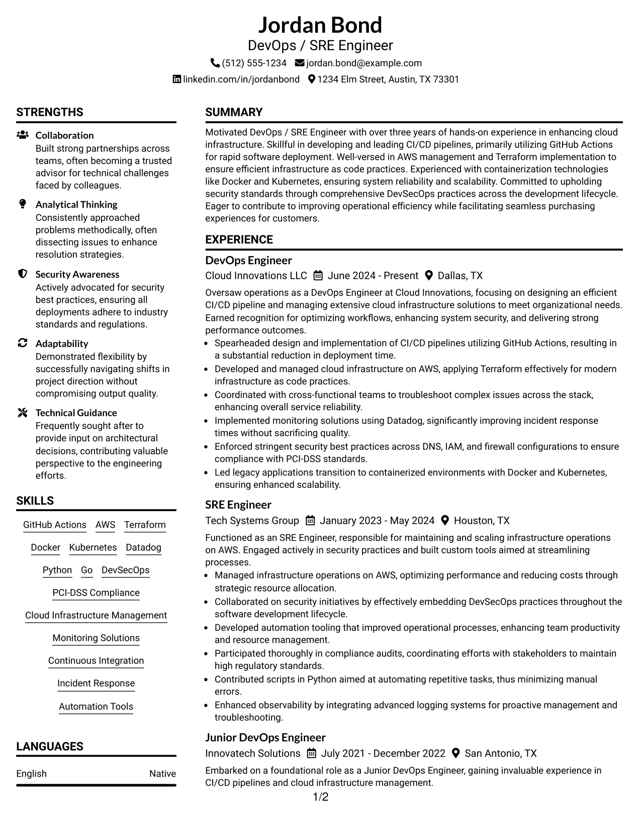 Resume Example Page 1