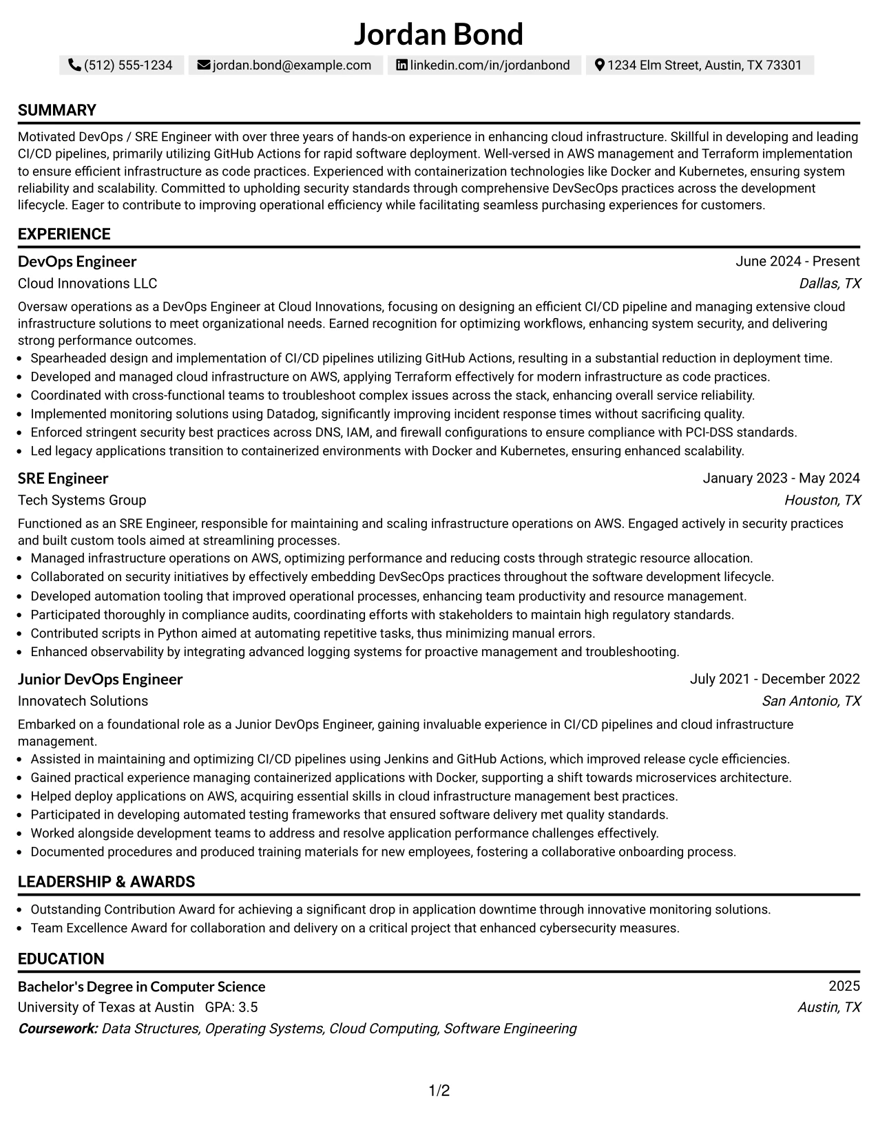 Resume Example Page 1
