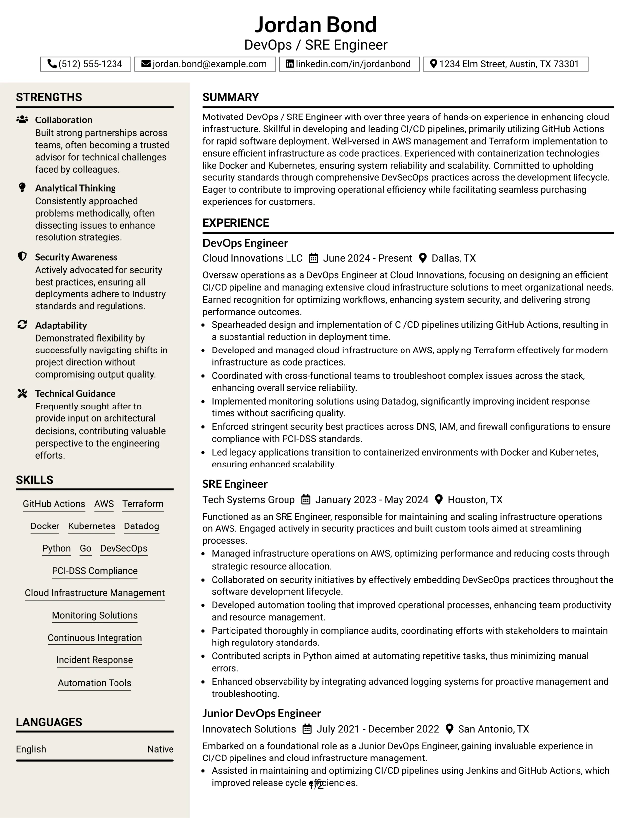 Resume Example Page 1