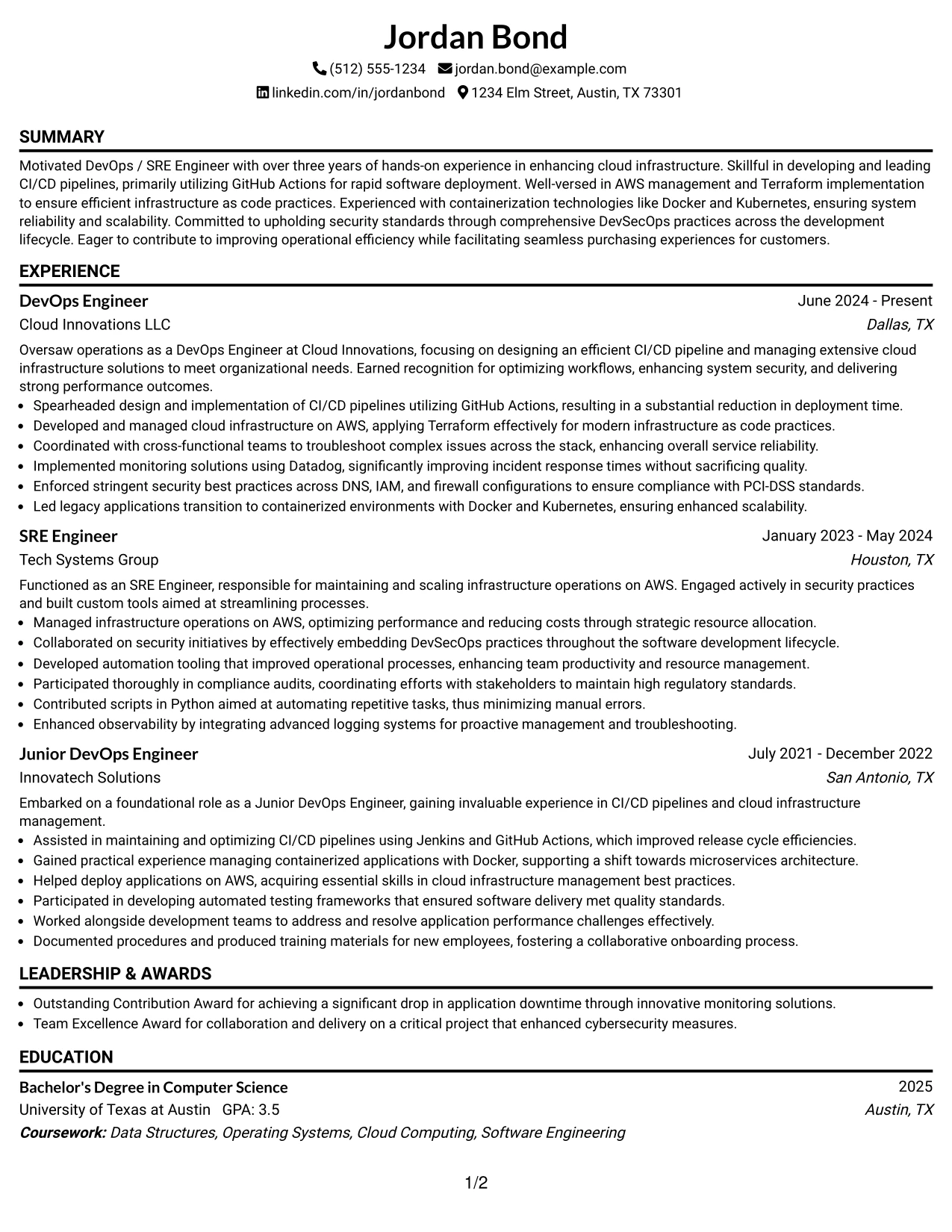 Resume Example Page 1