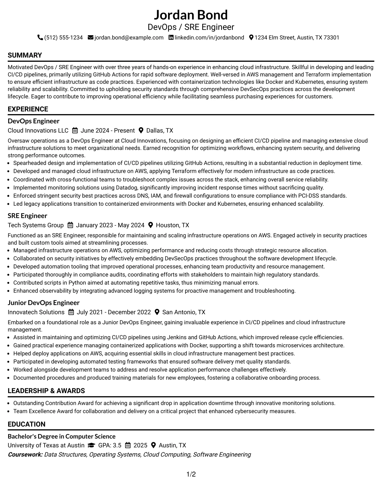 Resume Example Page 1