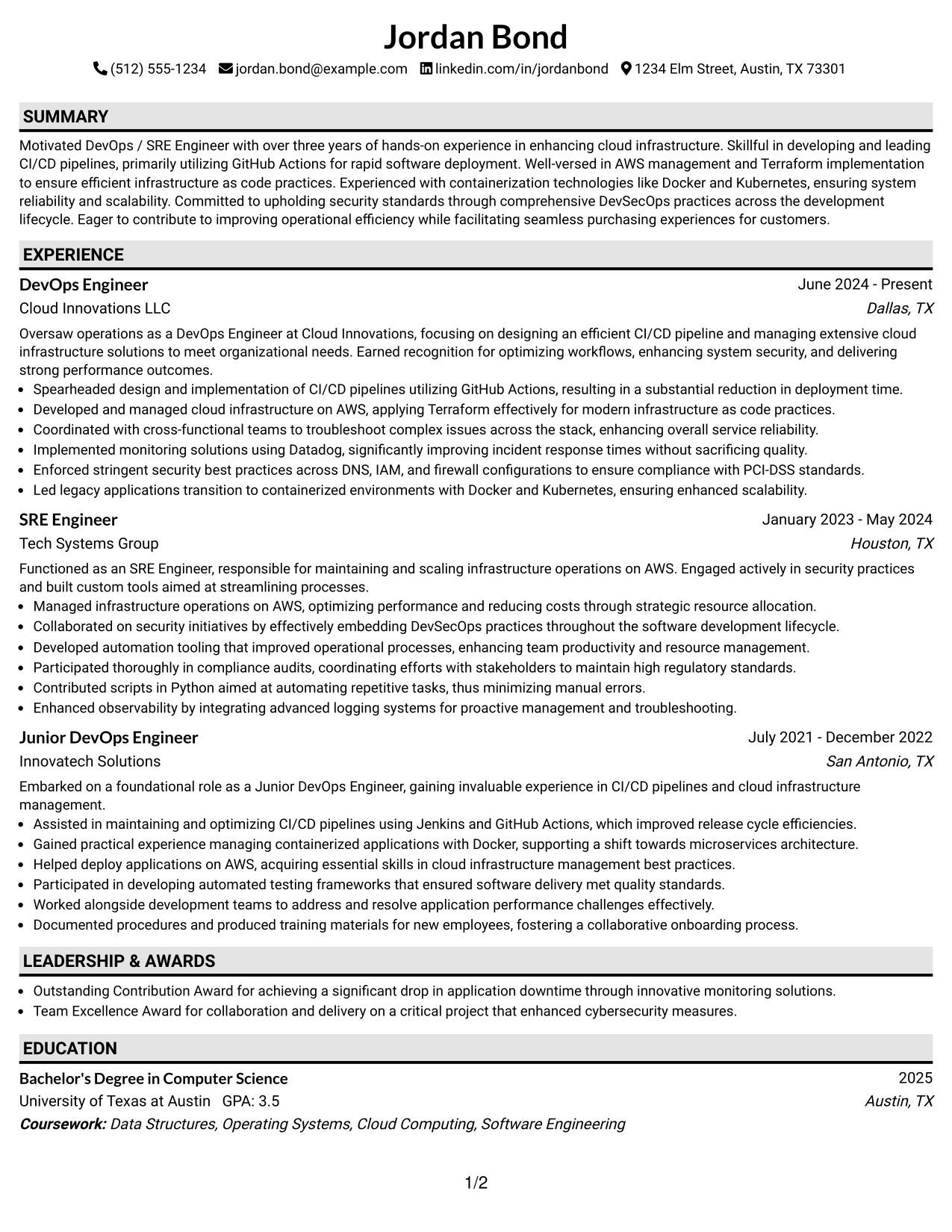 Resume Example Page 1