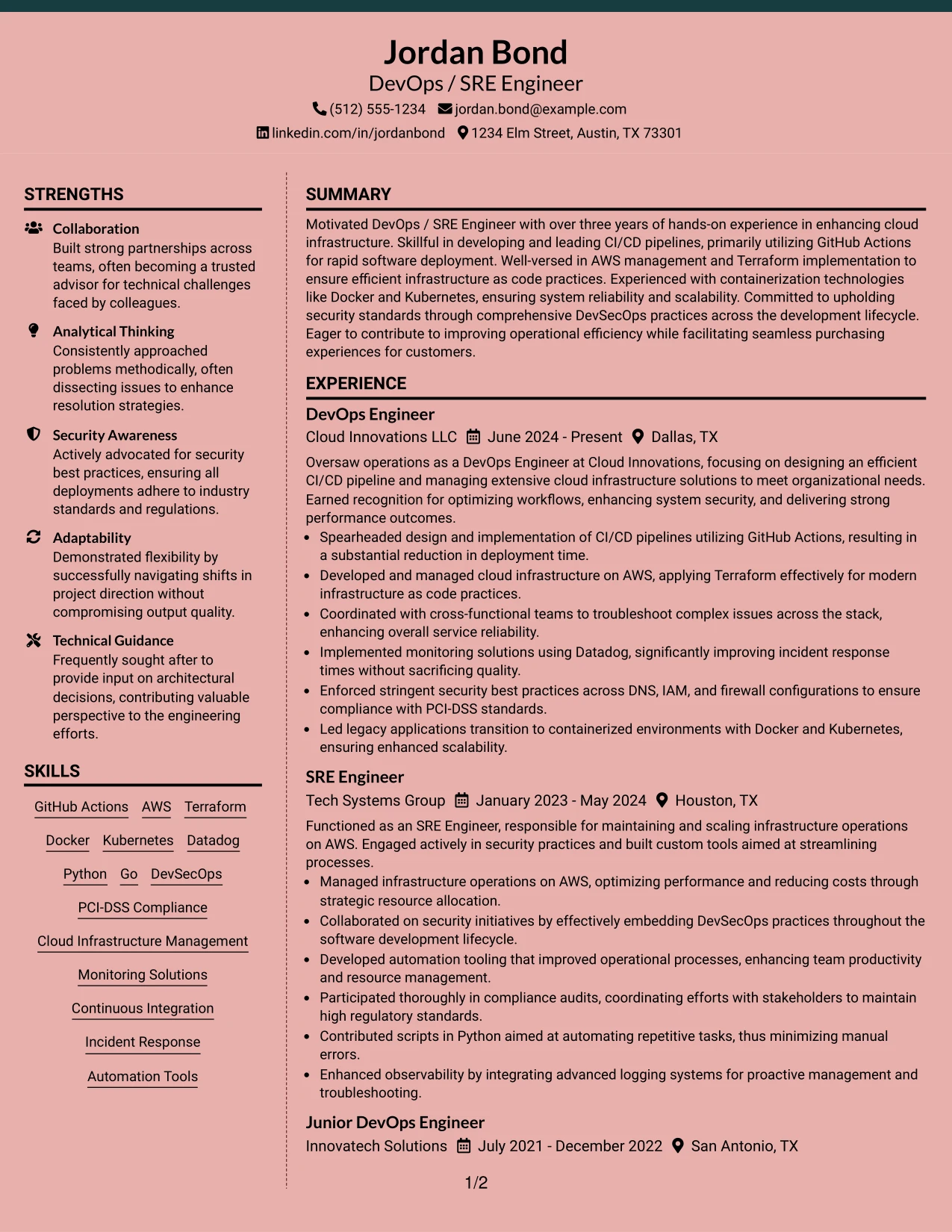 Resume Example Page 1