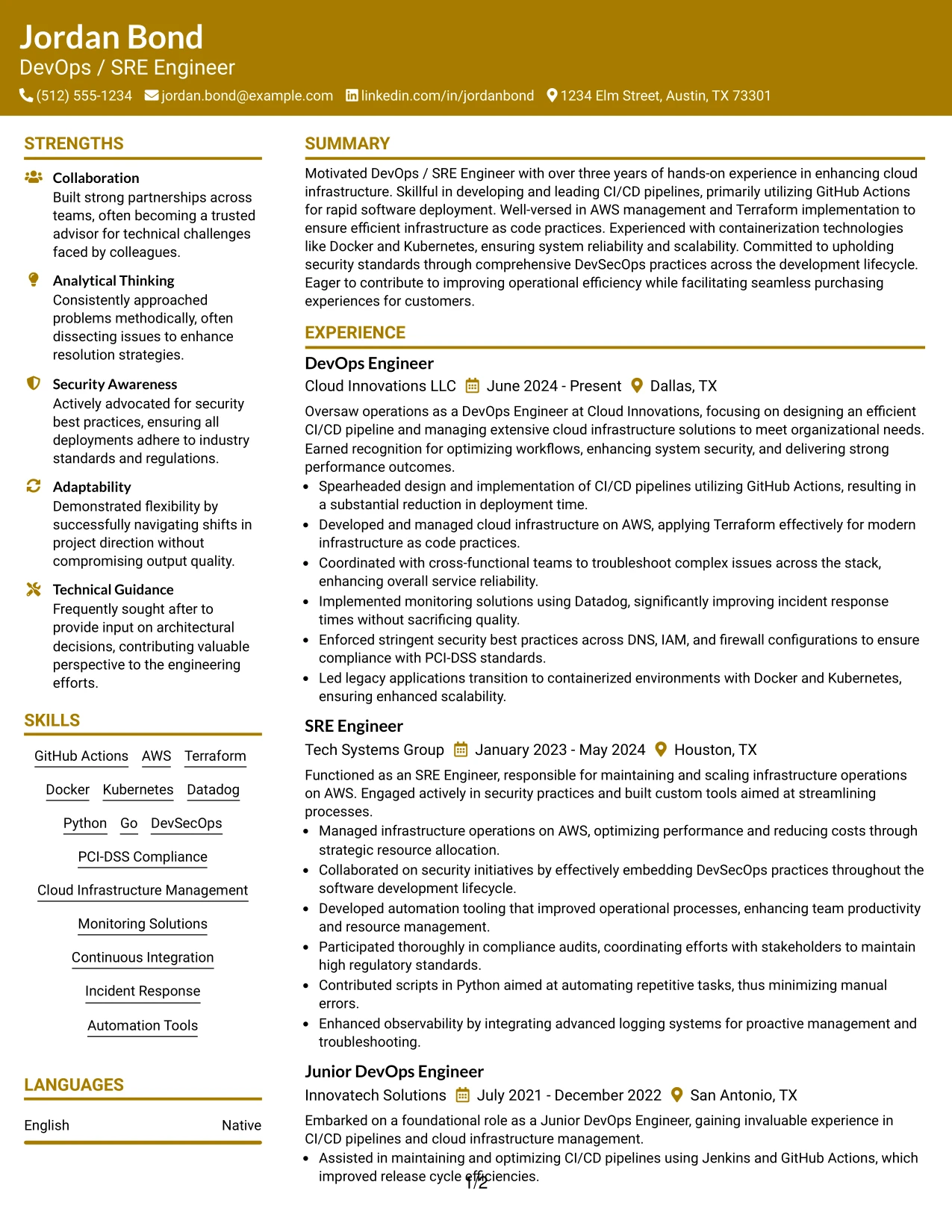 Resume Example Page 1