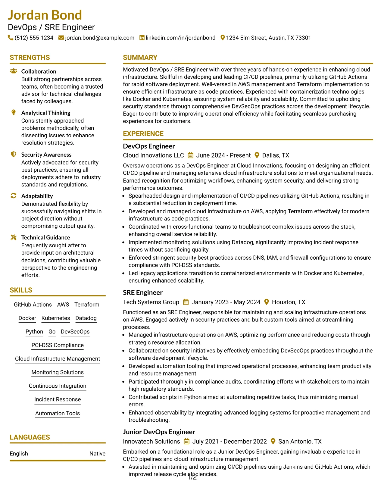 Resume Example Page 1