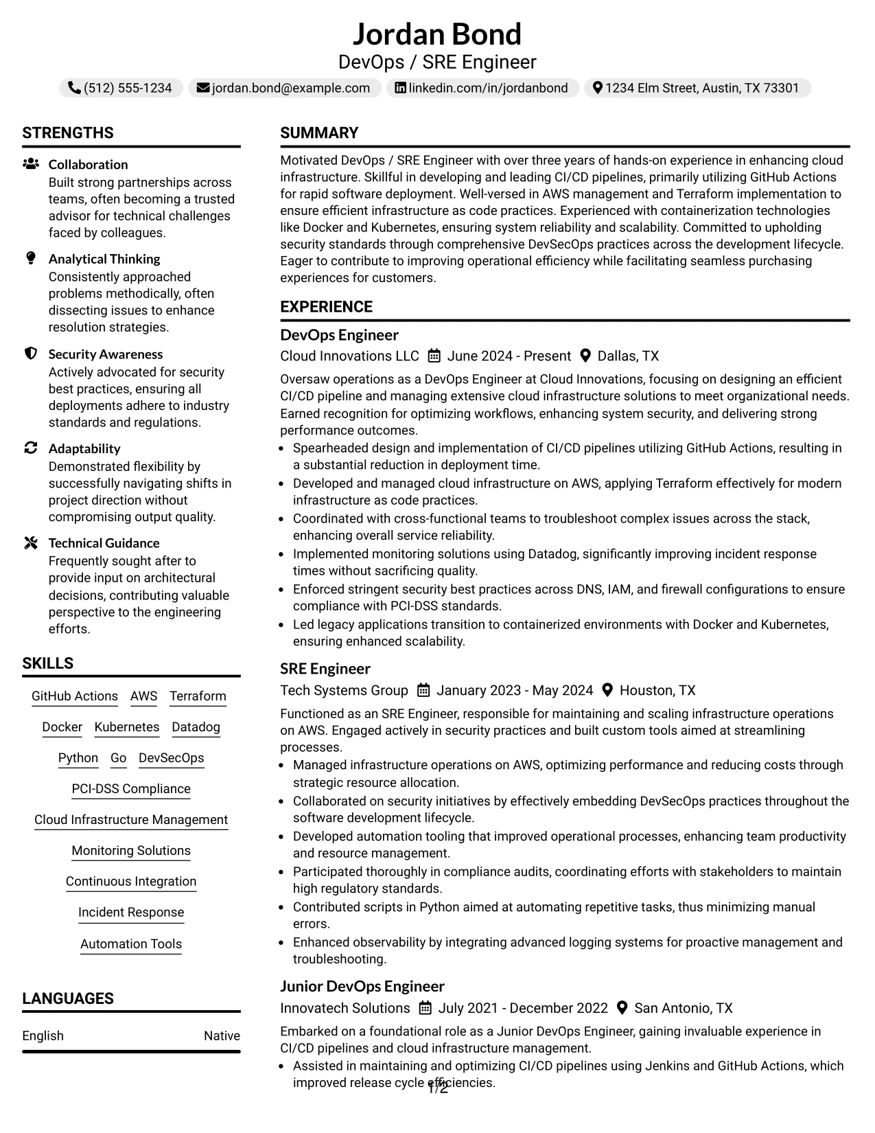 Resume Example Page 1