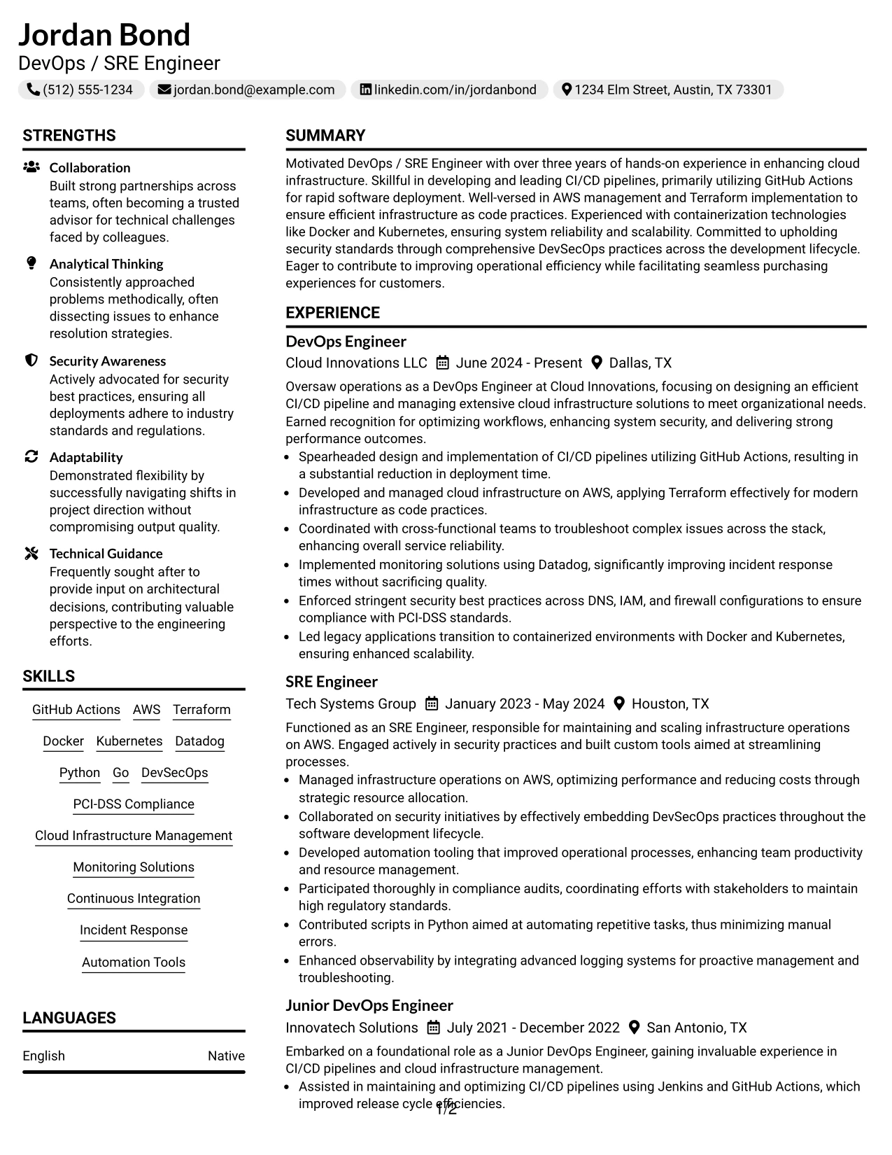 Resume Example Page 1
