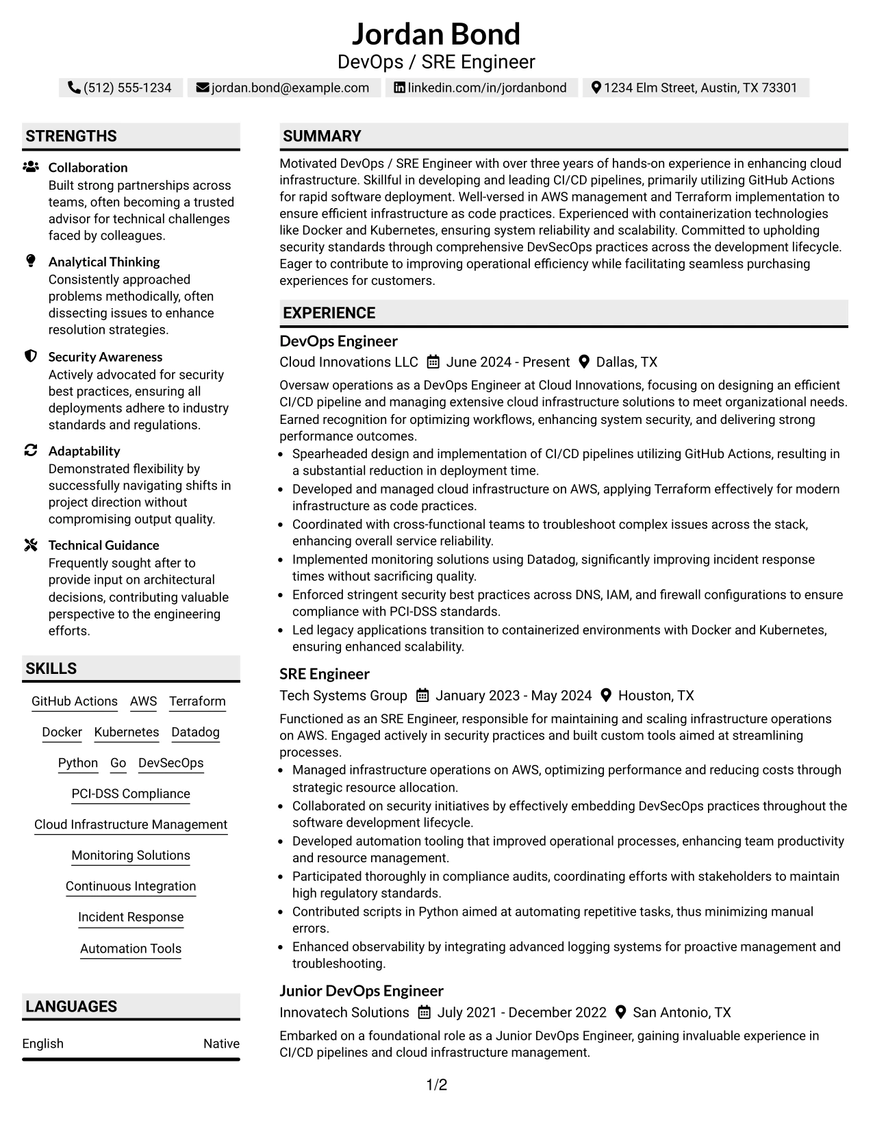 Resume Example Page 1