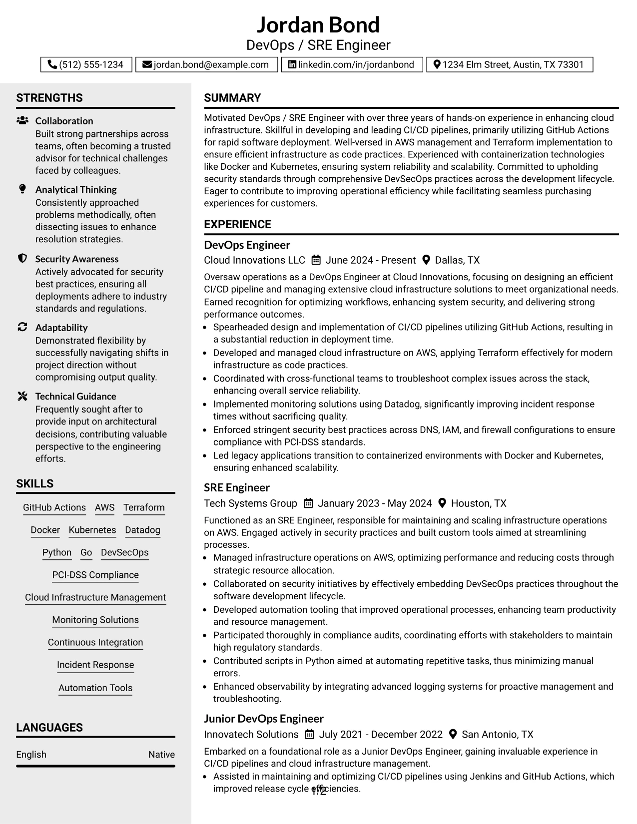 Resume Example Page 1