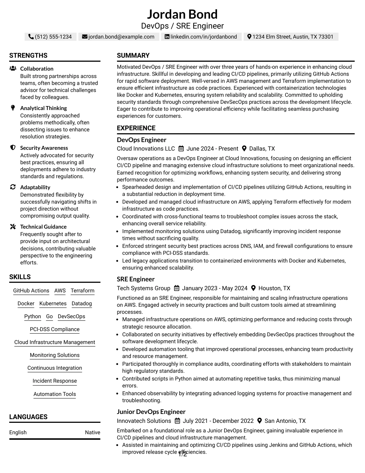 Resume Example Page 1