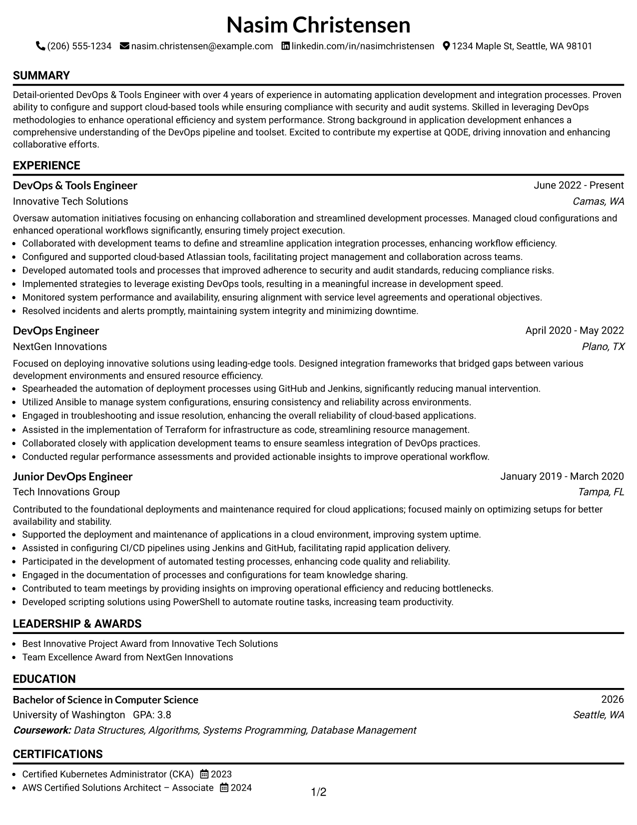Resume Example Page 1