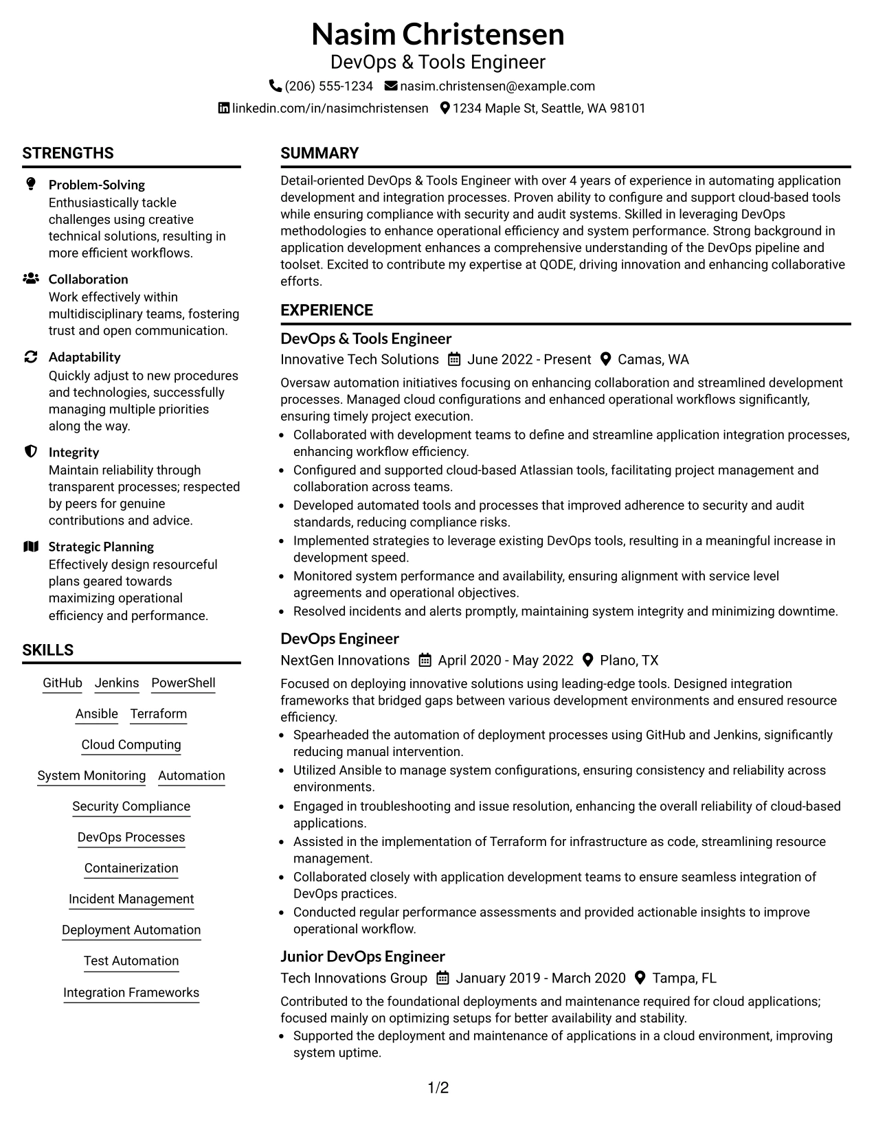 Resume Example Page 1