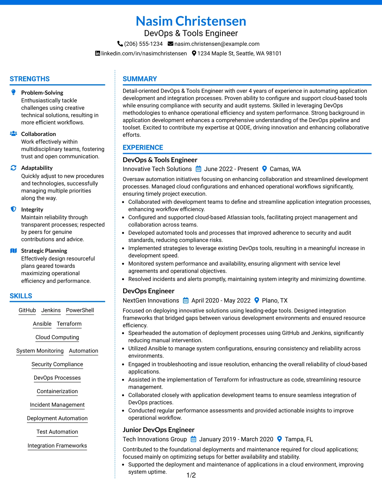 Resume Example Page 1