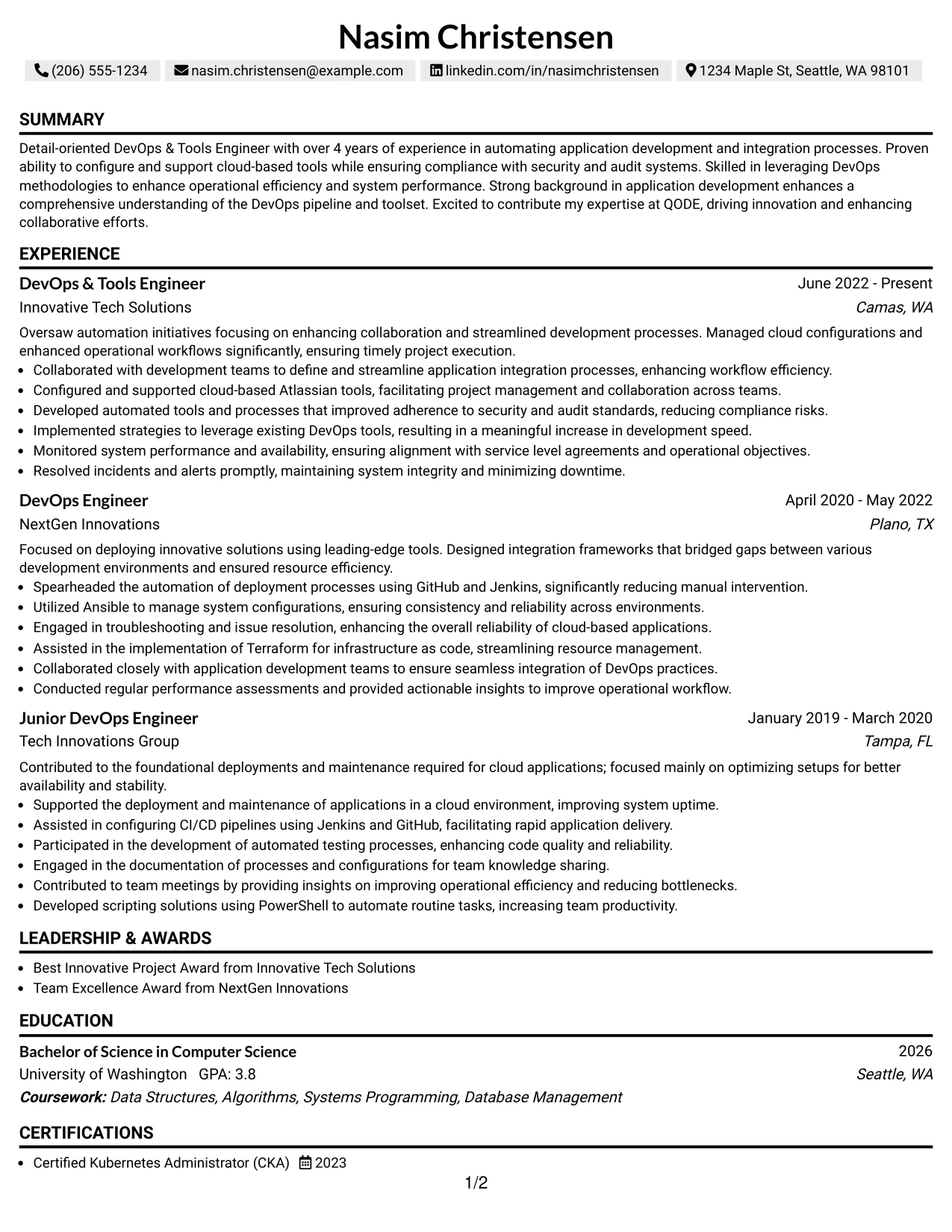 Resume Example Page 1