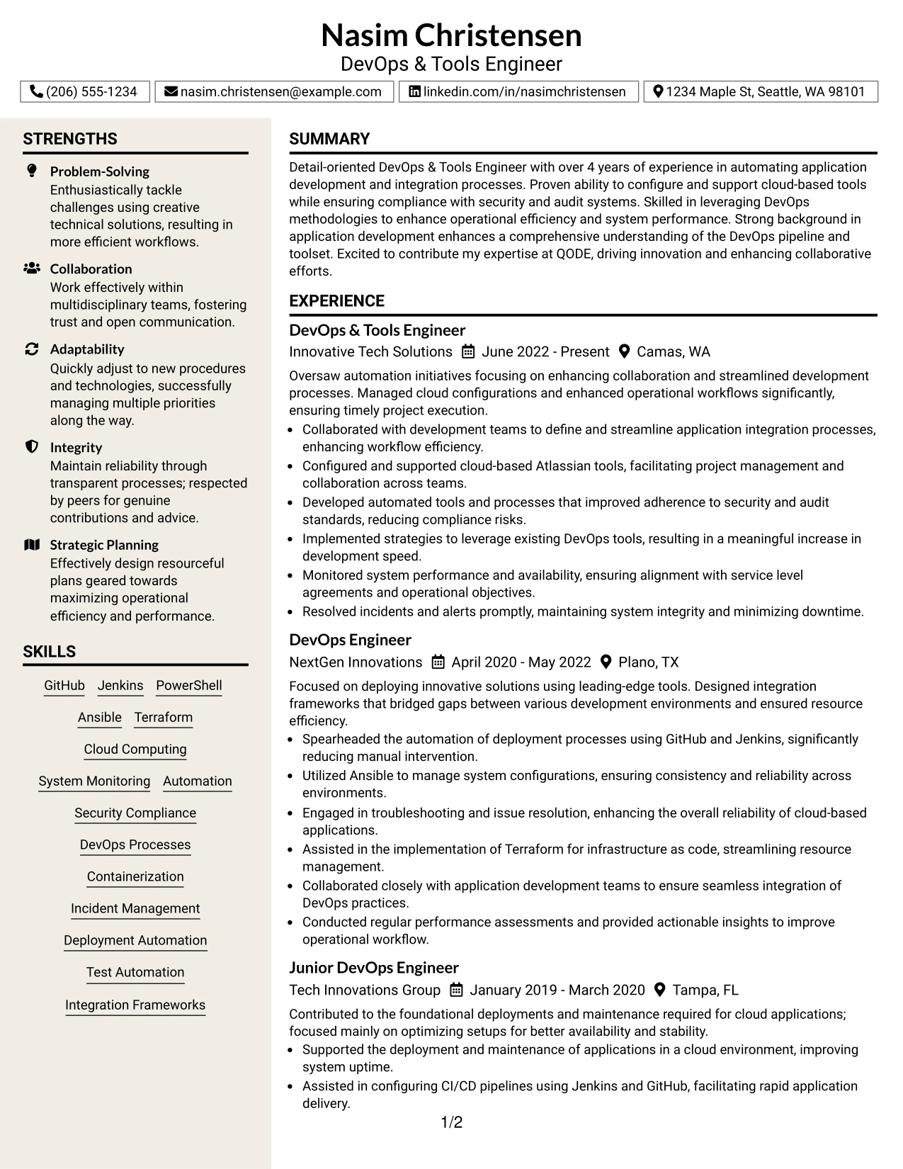Resume Example Page 1