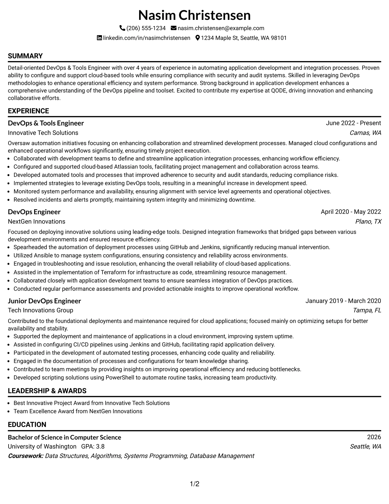 Resume Example Page 1