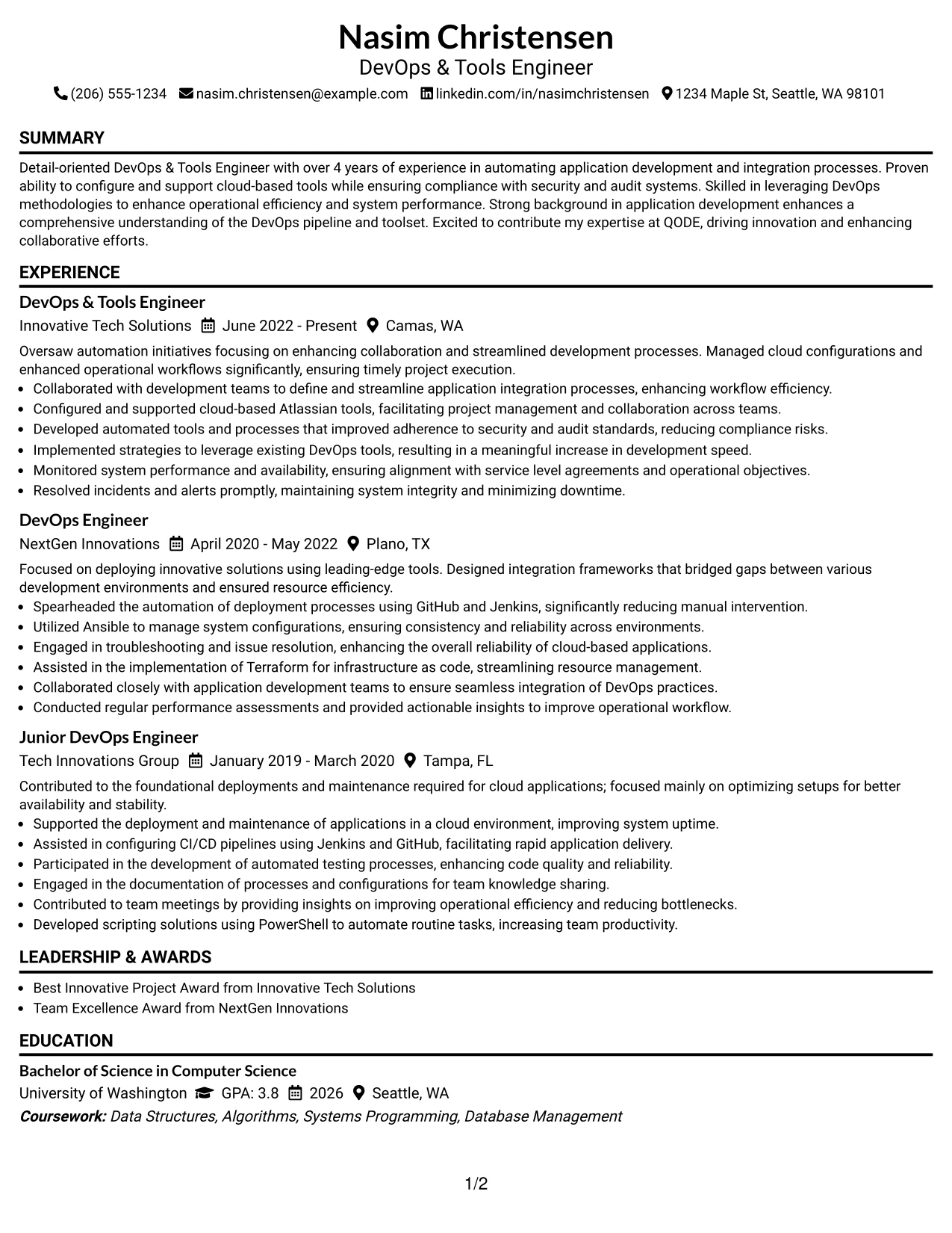Resume Example Page 1
