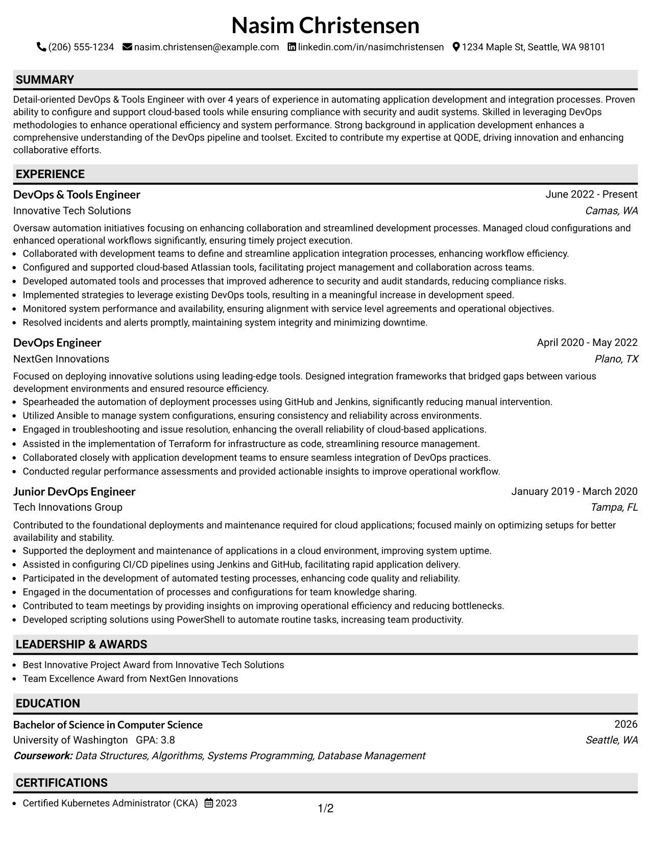 Resume Example Page 1
