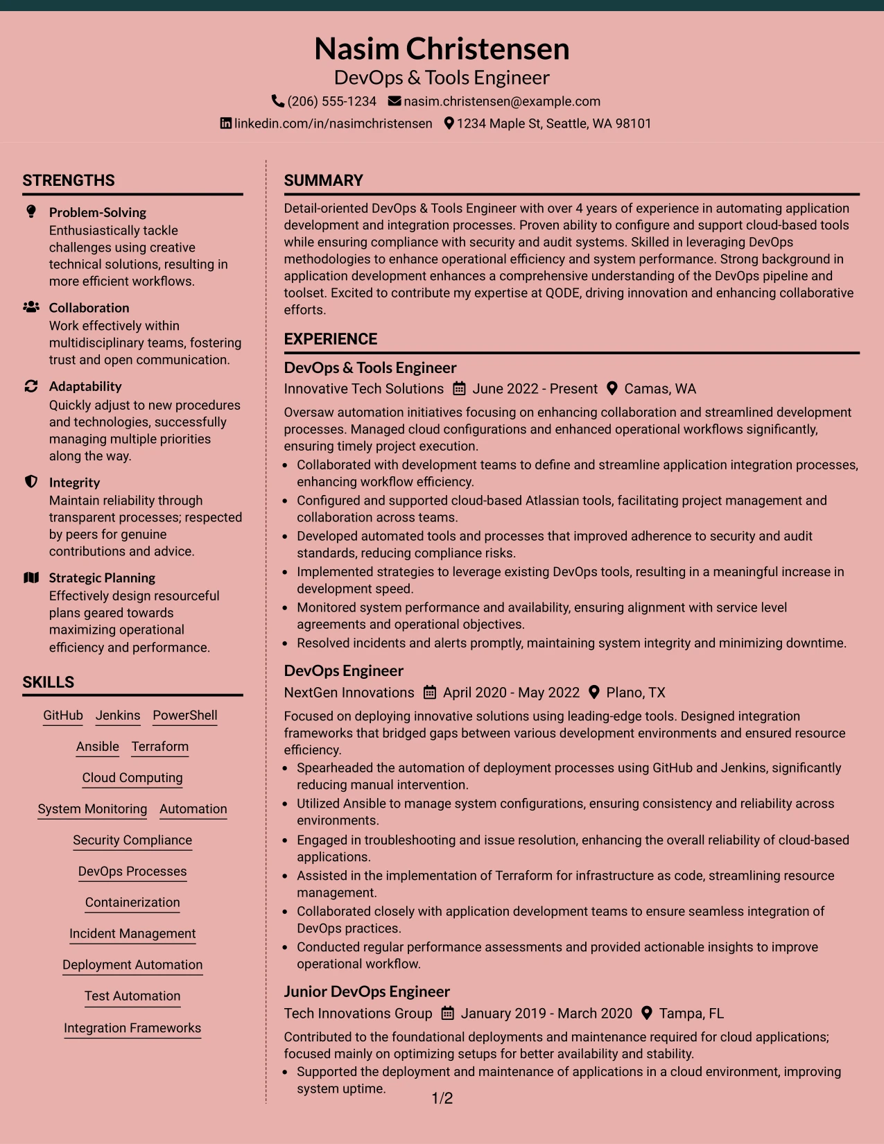 Resume Example Page 1