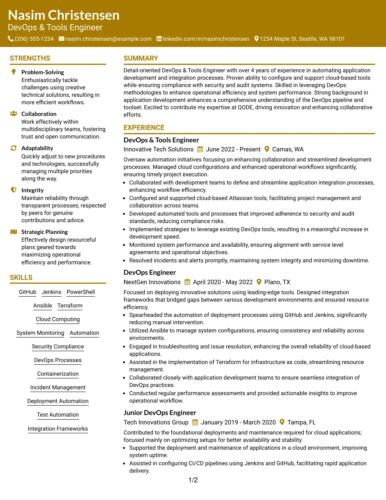 Resume Example Page 1