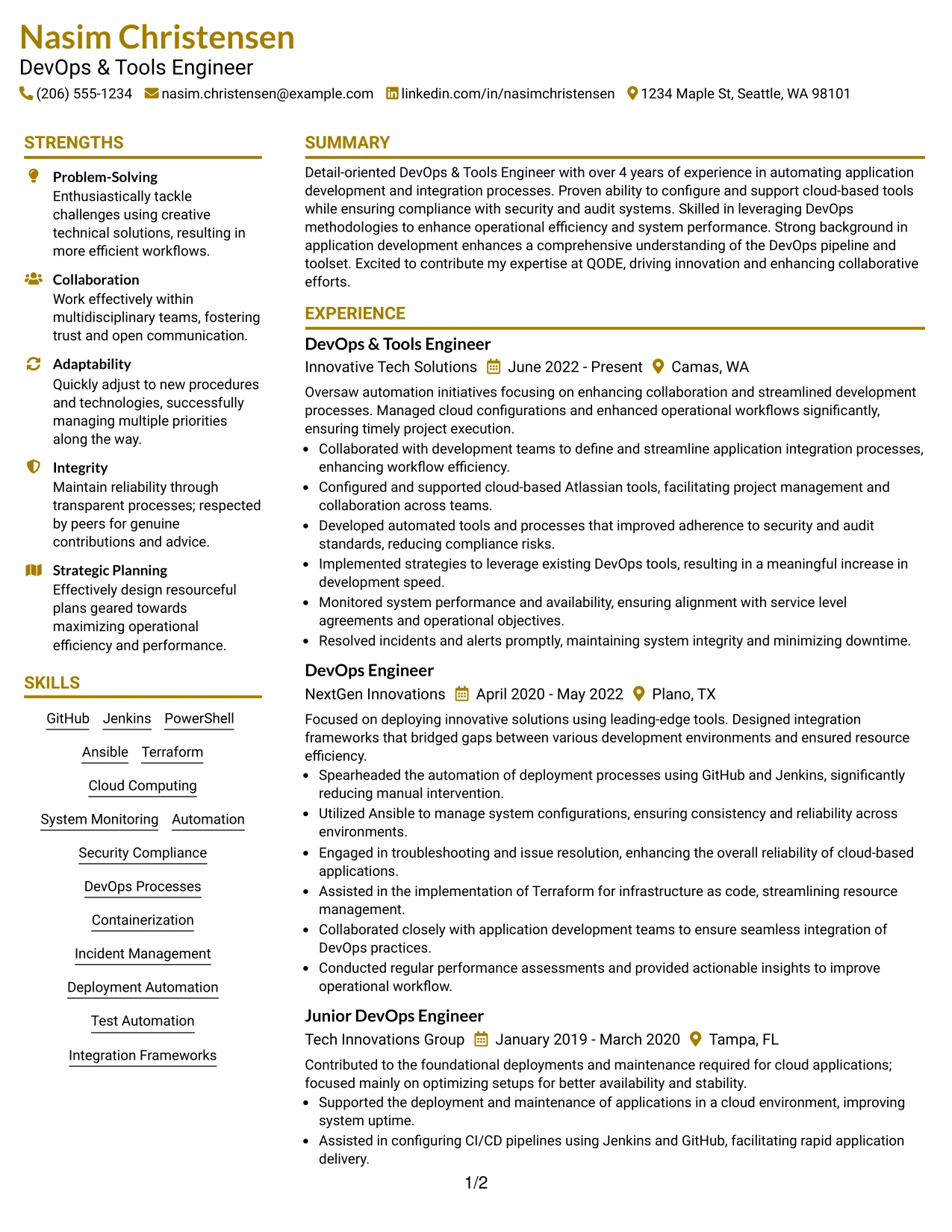 Resume Example Page 1