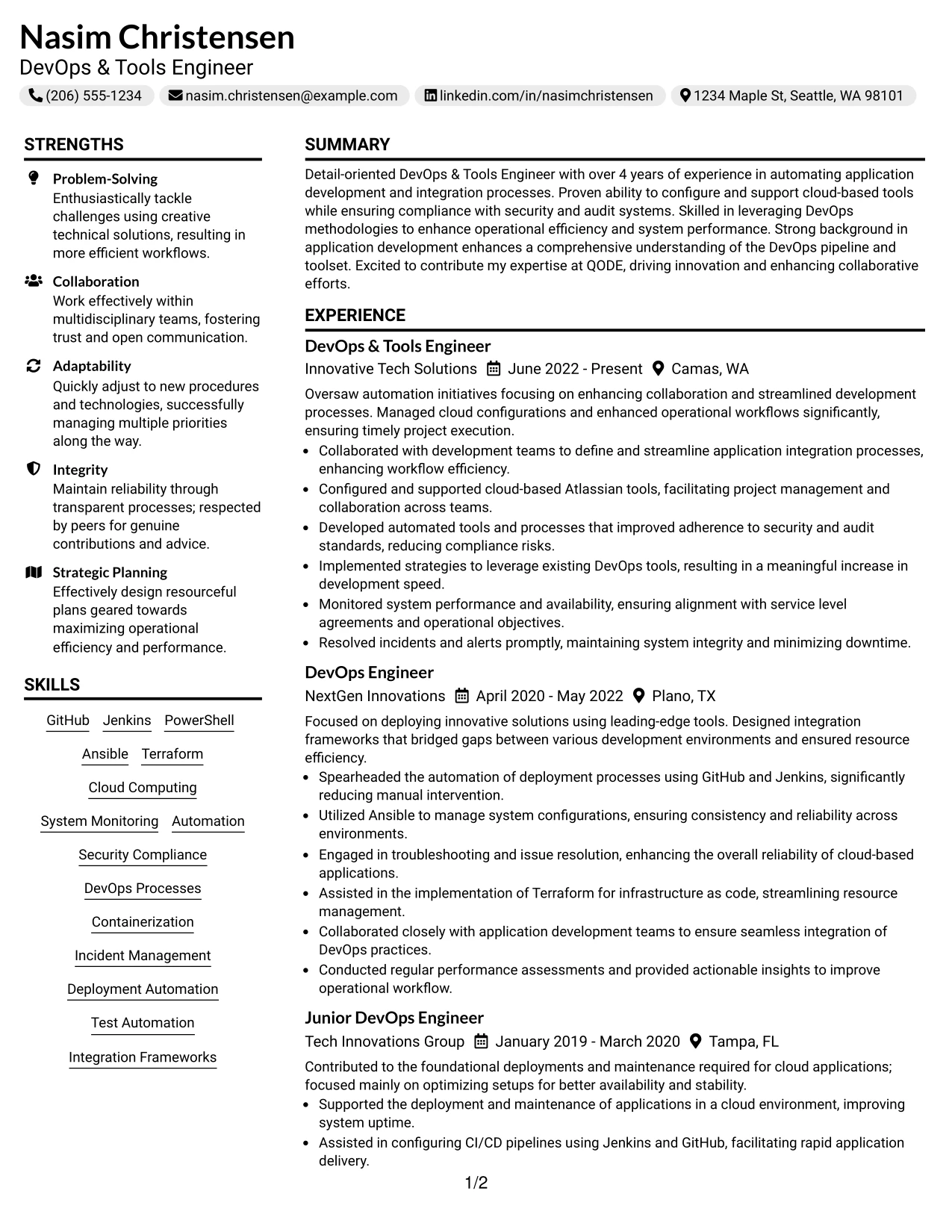 Resume Example Page 1