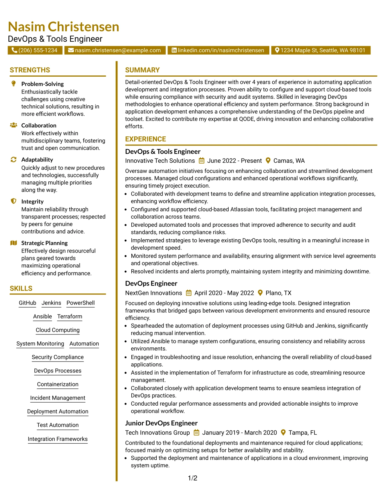 Resume Example Page 1