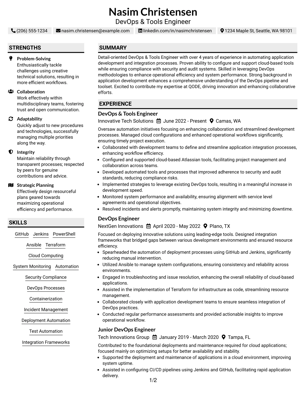 Resume Example Page 1