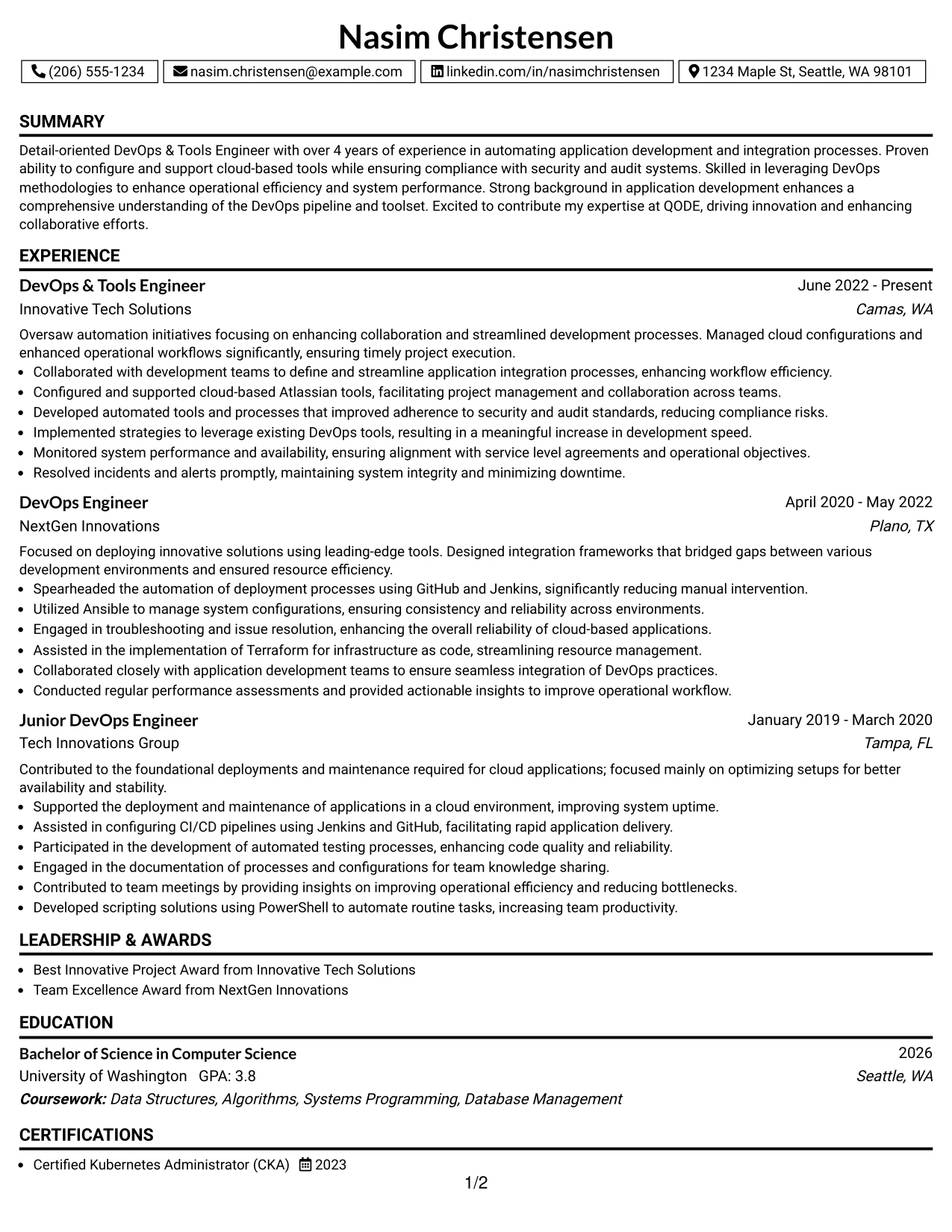 Resume Example Page 1