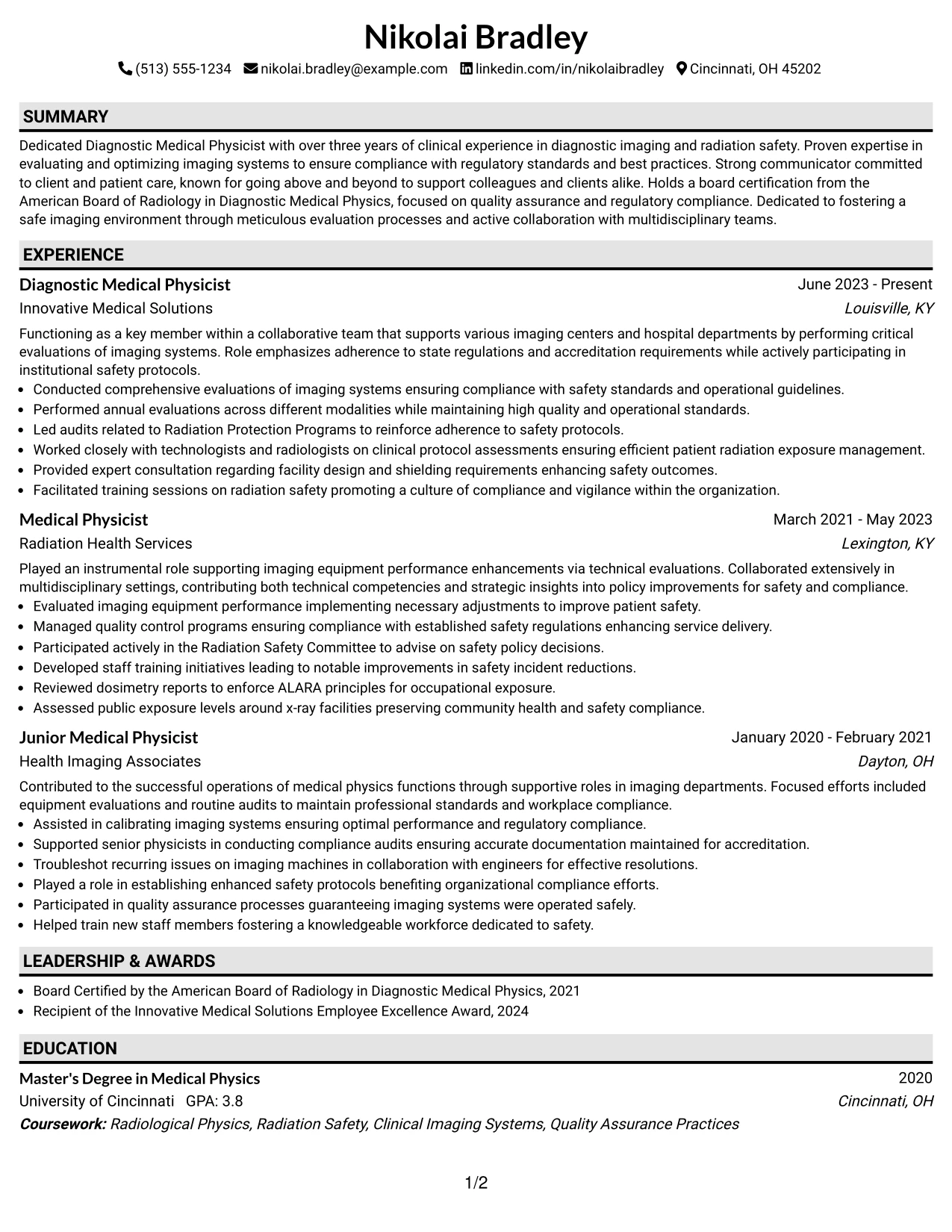 Resume Example Page 1