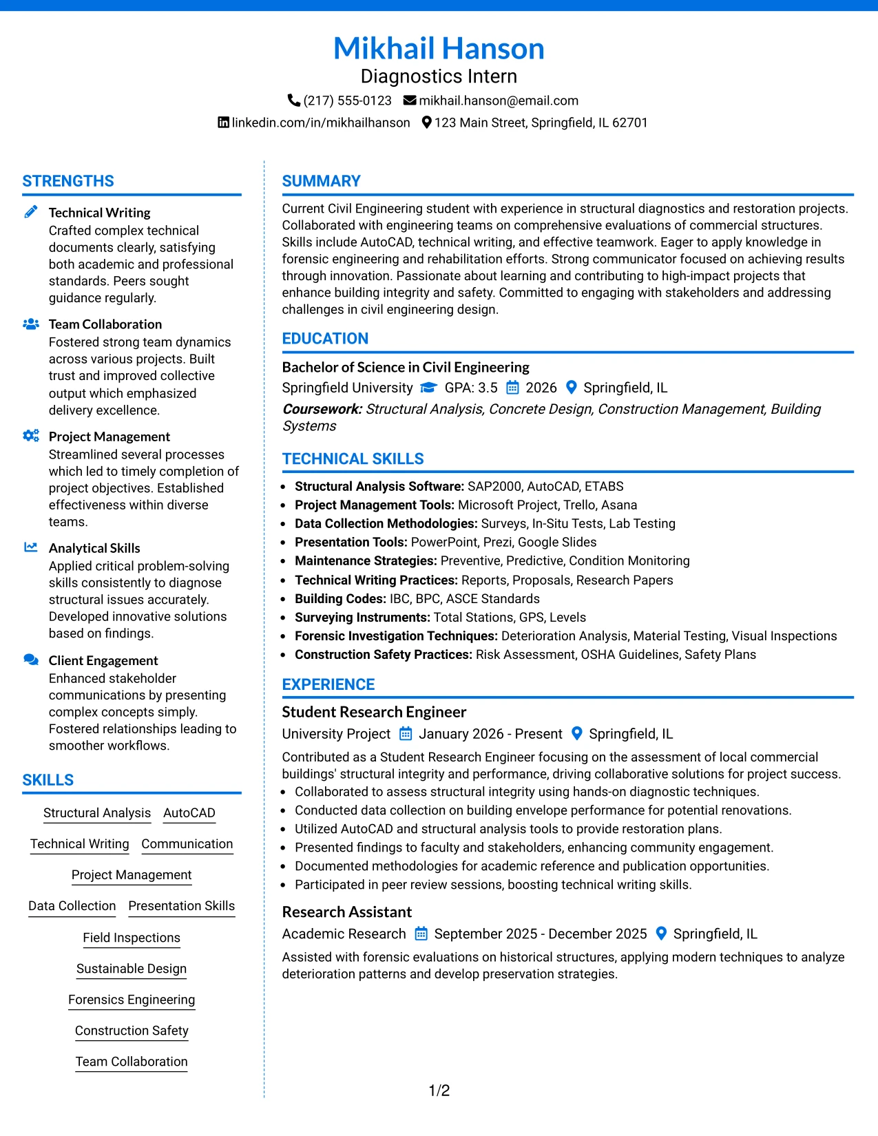 Resume Example Page 1