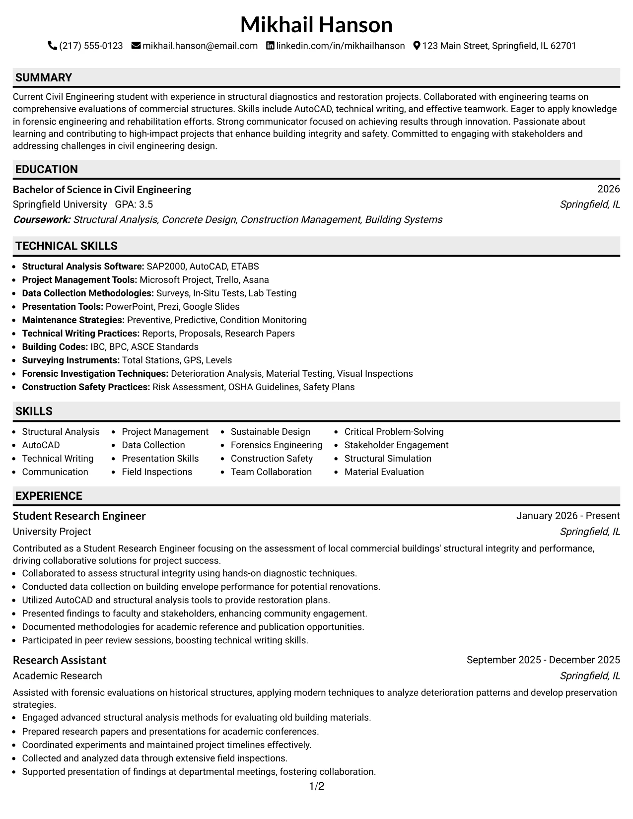 Resume Example Page 1
