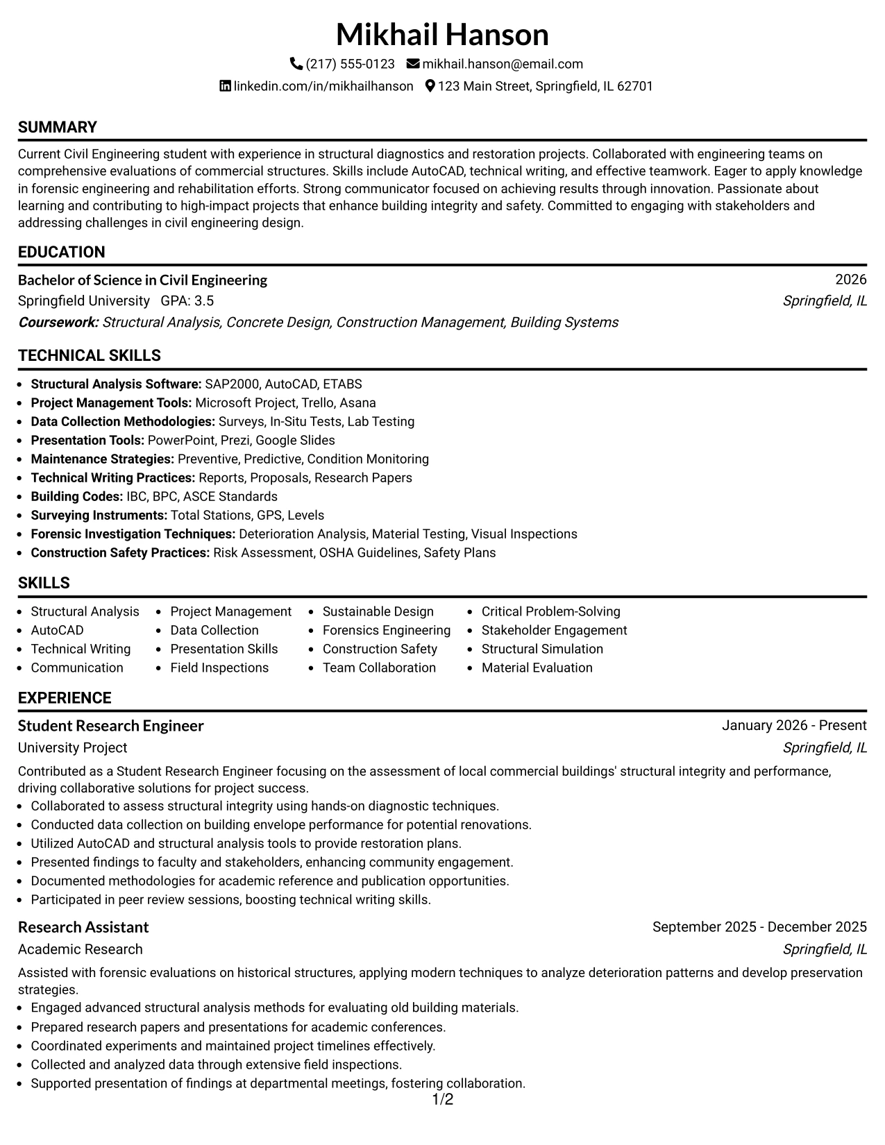 Resume Example Page 1