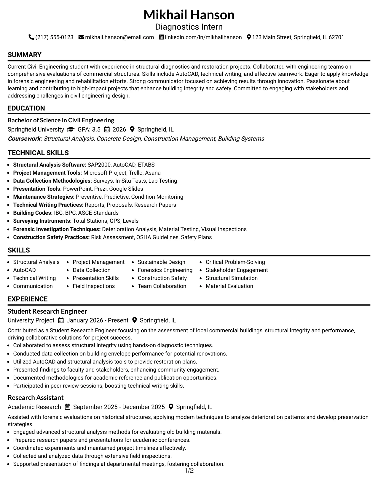 Resume Example Page 1