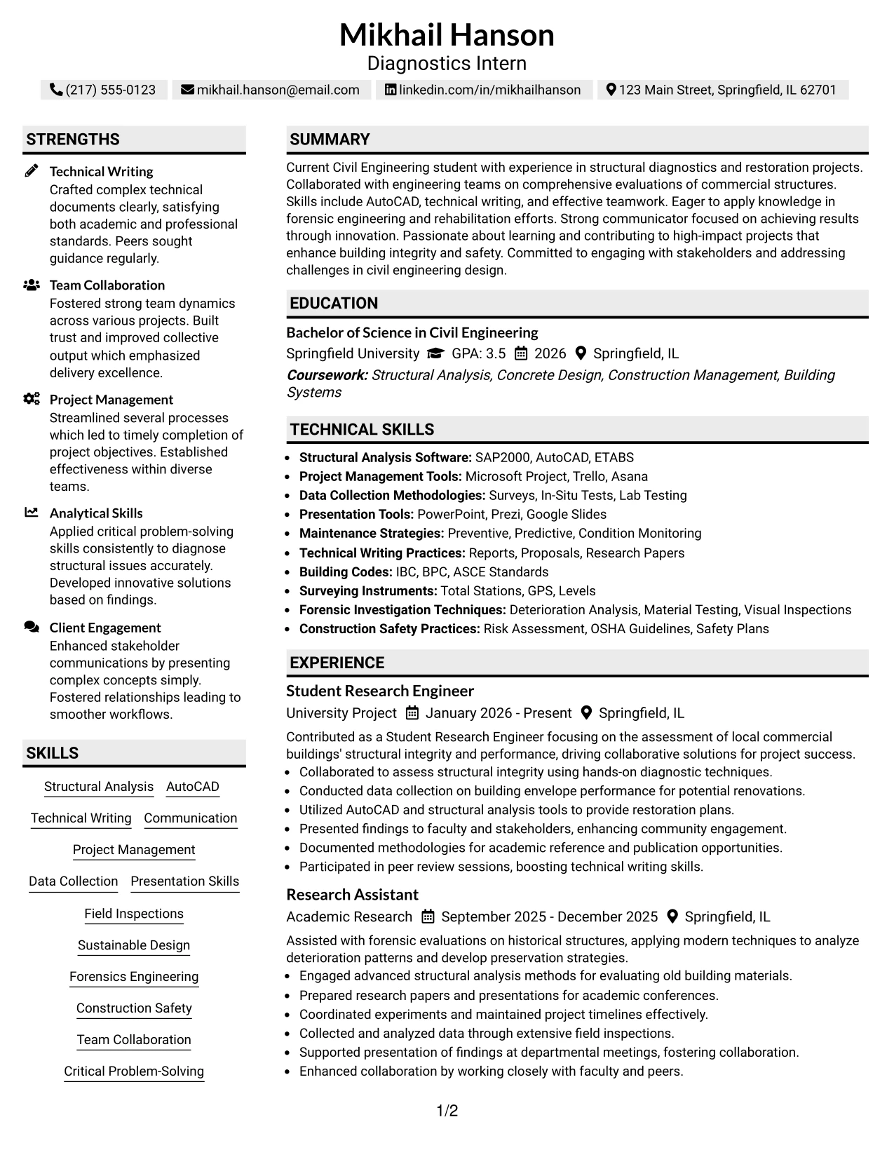 Resume Example Page 1