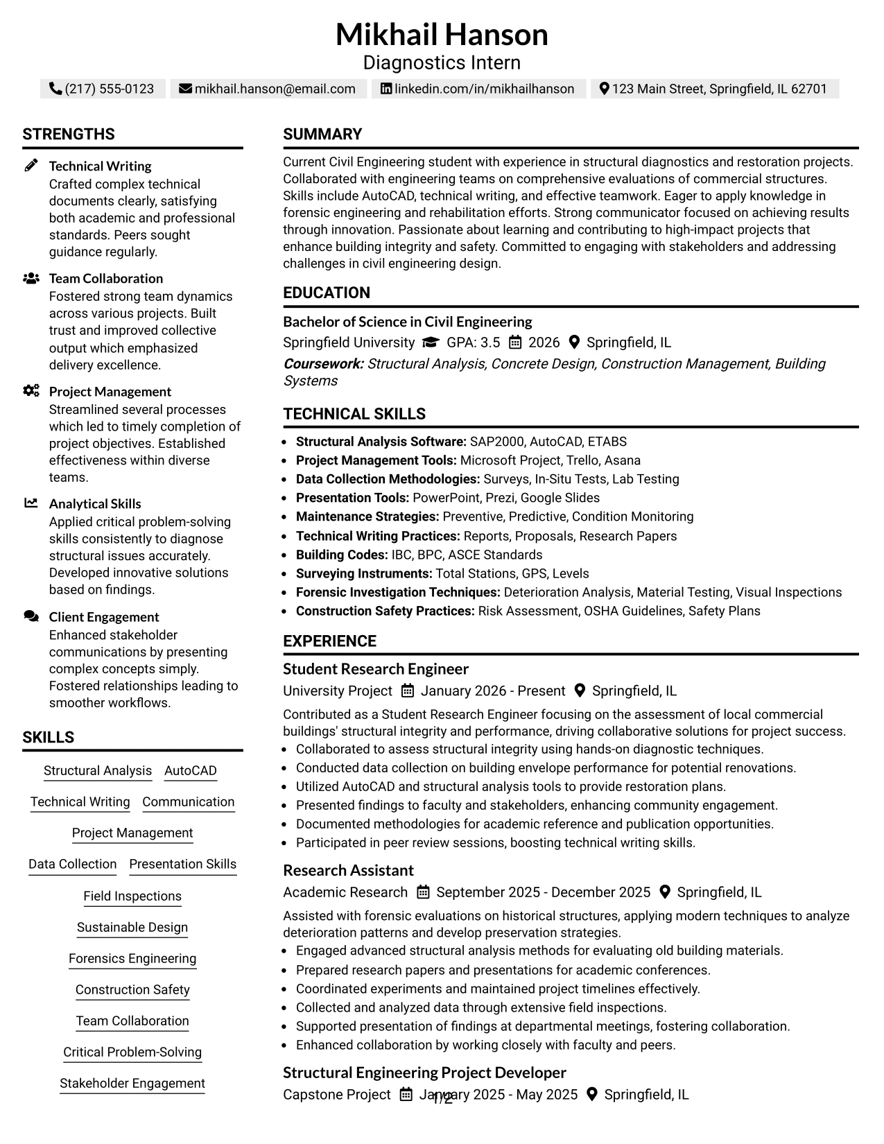 Resume Example Page 1