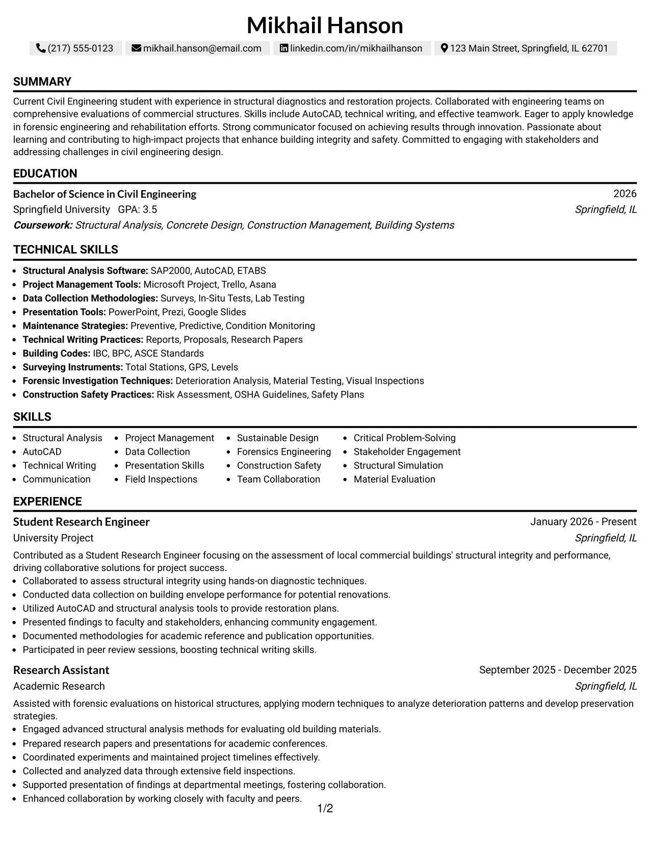 Resume Example Page 1