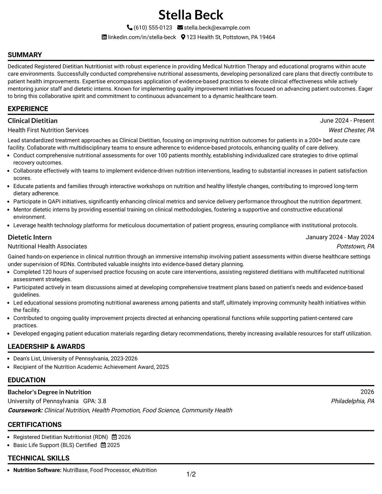 Resume Example Page 1