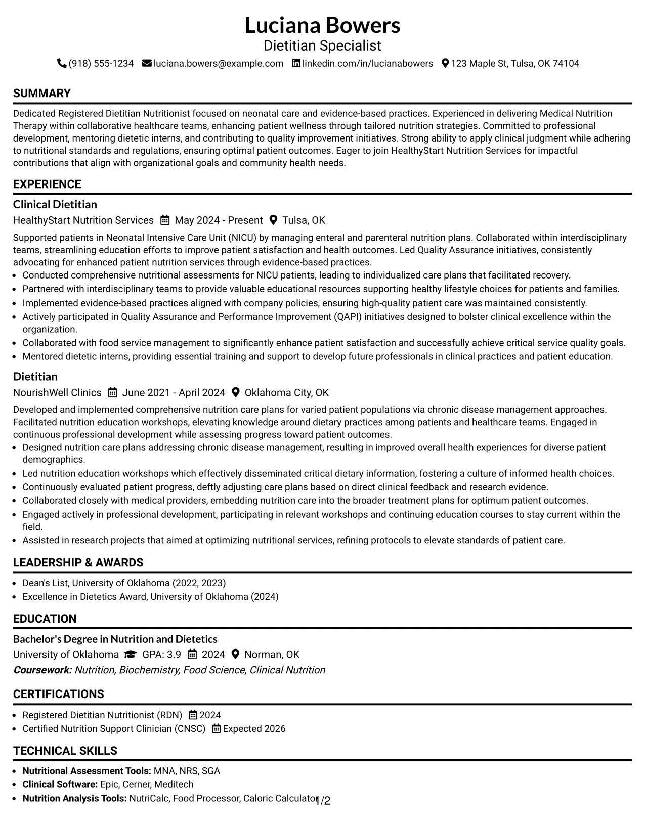 Resume Example Page 1